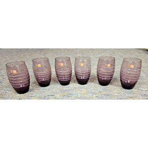 Set Of 6 Purple IVV Everyday Drinking Glasses Rings Italy Blown Glass 5.25" Tall